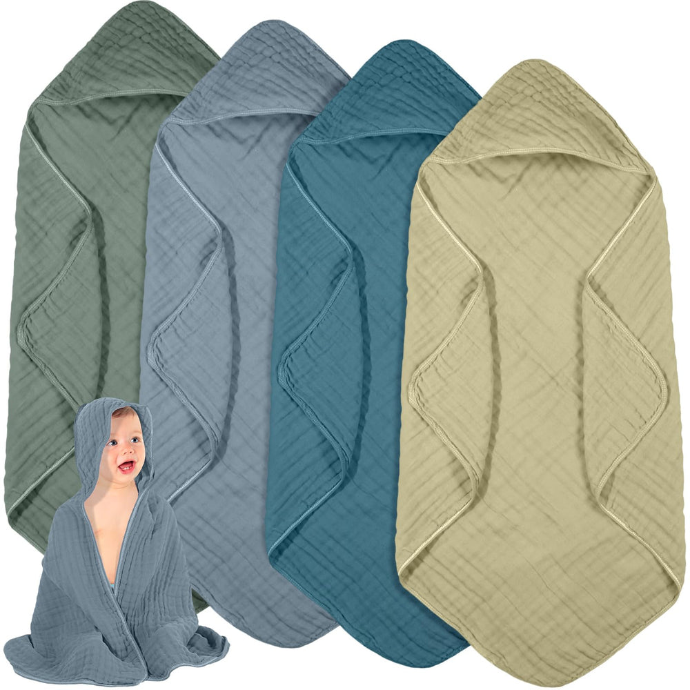 Peryiter 4-pcs muslin hooded towels pack, ready for bath time routine.