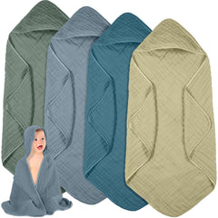 Peryiter 4-pcs muslin hooded towels pack, ready for bath time routine.