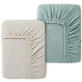 Pet Rejoir muslin crib sheets two-pack packshot: soft breathable fabric for cozy sleep.