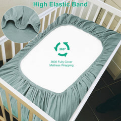 Pet Rejoir muslin crib sheets fitted-edges no-slip design on standard 28x52 mattress.