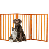 PETMAKER 3-panel foldable dog gate in mahogany blocks access while blending with decor.
