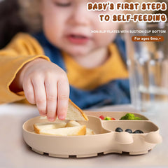 PHEENOWL snail plate suction base close-up showing strong grip on surfaces for spill-proof meals.