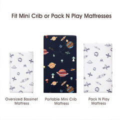 PHF two-pack mini crib sheets laid out showing coordinated patterns.