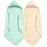 PHF baby hooded towel beige-green hood closeup showing cozy warmth after bath.