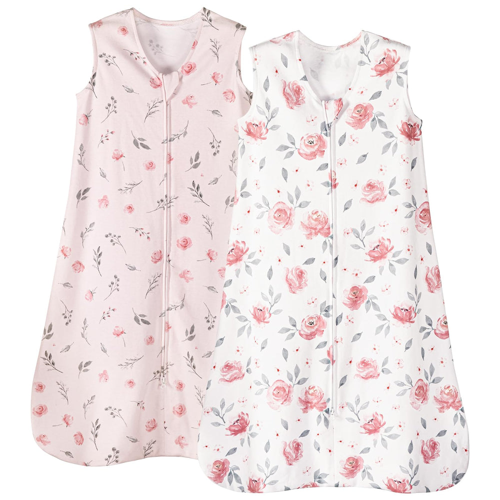 PHF sleep sack pink floral front view highlights breathable 100% organic cotton for comfortable nights.
