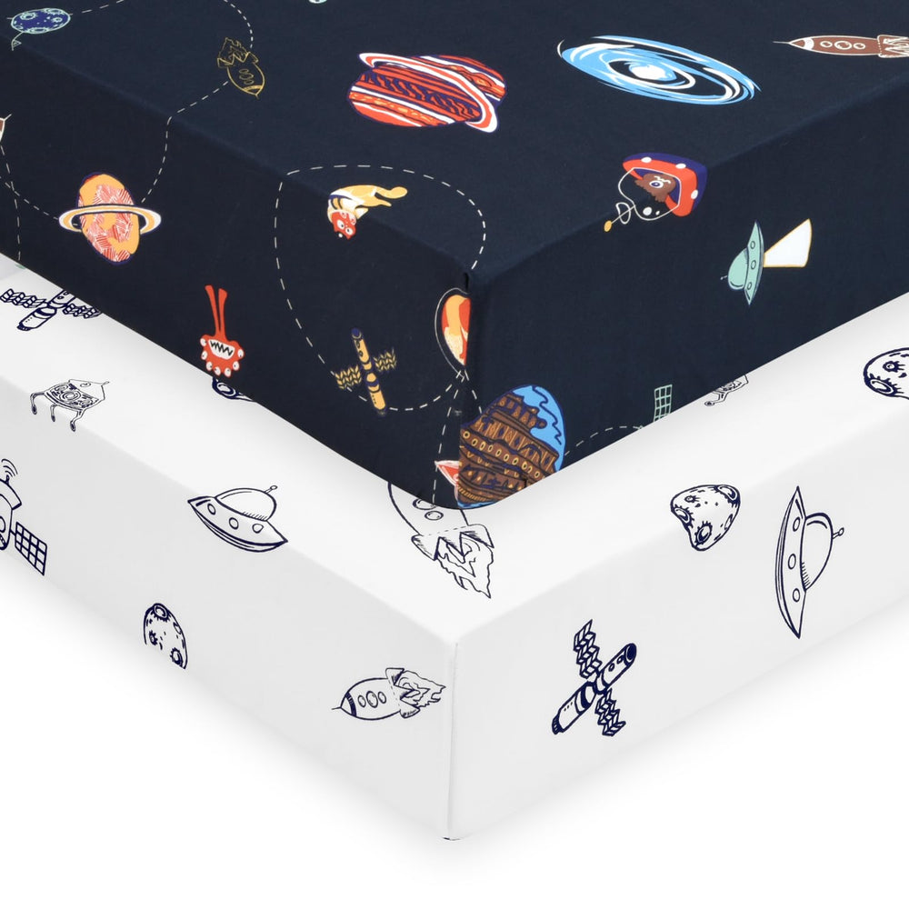 PHF Soft Space crib sheet two-pack flat lay showcases space pattern for stylish nursery decor