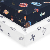 PHF Soft Space crib sheet two-pack flat lay showcases space pattern for stylish nursery decor