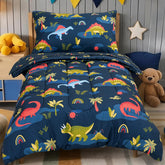 PHF navy dinosaur toddler bedding set comforter close-up showing soft, breathable fill for all-season warmth
