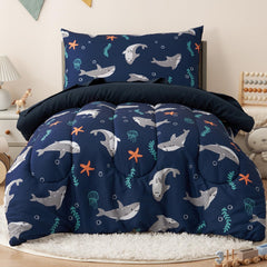 PHF toddler shark bedding set full view highlights cozy comforter and coordinating sheets
