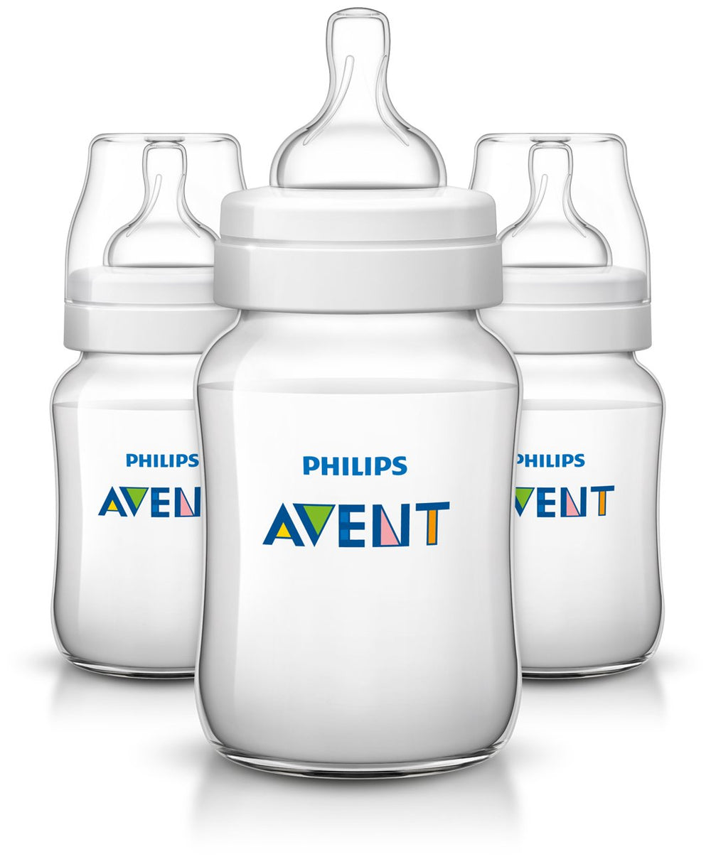 Philips Avent anti-colic bottle 9oz clear front view for easy cleaning and comfortable feeding.