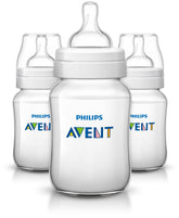Philips Avent anti-colic bottle 9oz clear front view for easy cleaning and comfortable feeding.