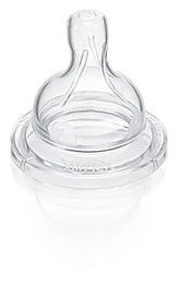 Philips Avent Classic Nipple slow-flow close-up shows soft silicone and dual holes for controlled feeding.