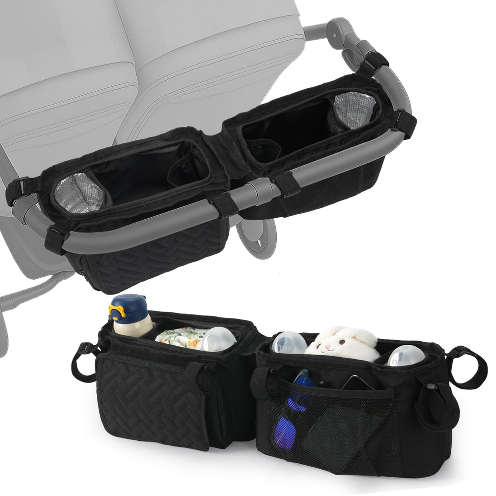 PHOEBUS BABY double stroller caddy showing organized storage compartments for essentials