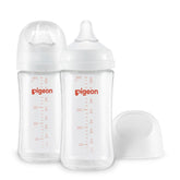 Pigeon glass nursing bottle wide neck improves grip and cleaning ease.