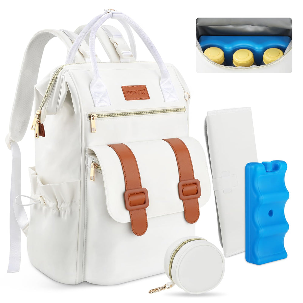 PIIOSER diaper bag backpack in cream showing a spacious main compartment for baby essentials
