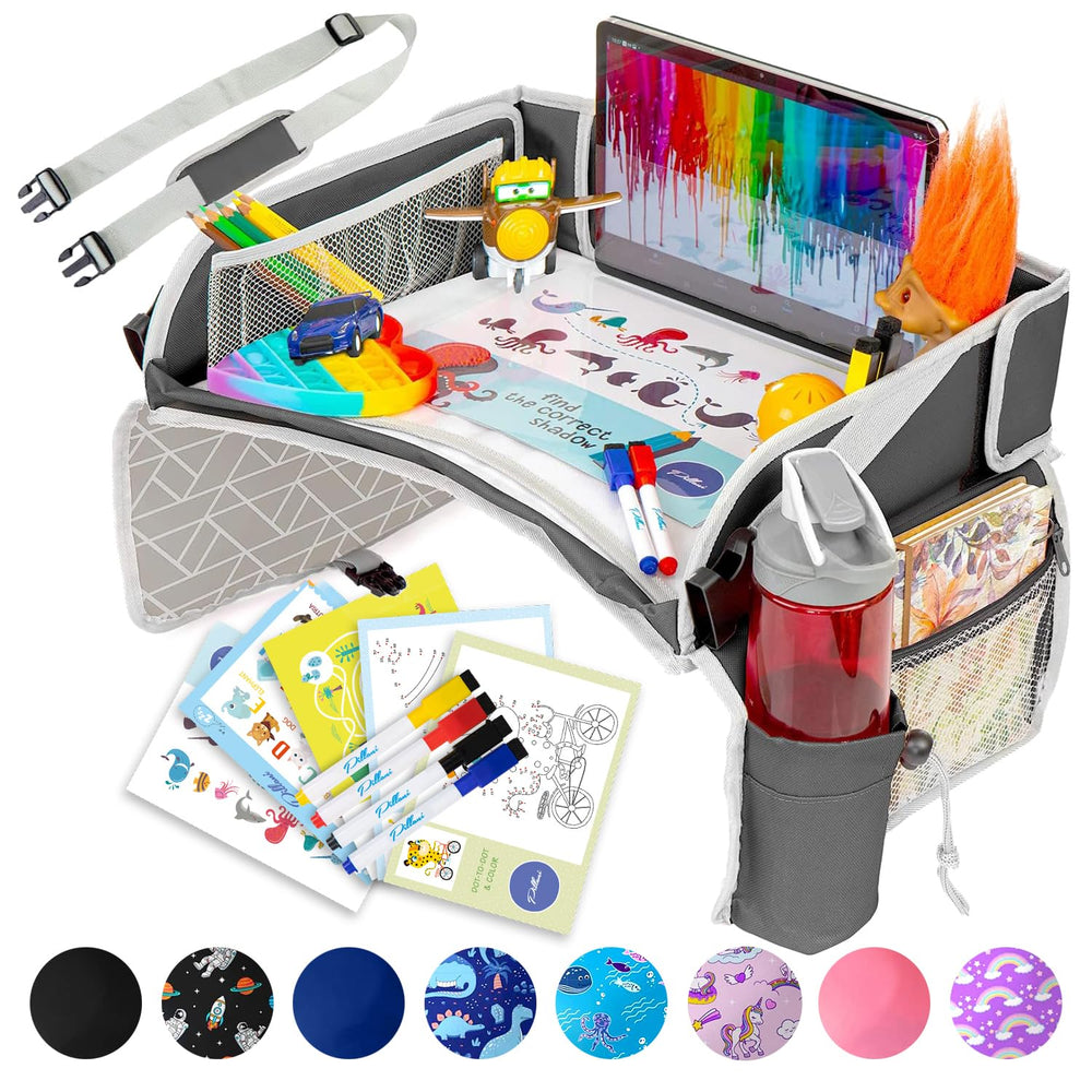 PILLANI Kids Travel Tray setup on car seat keeps kids entertained during drives.