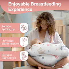 PILLANI nursing pillow with cloud design helps secure baby during feeding.