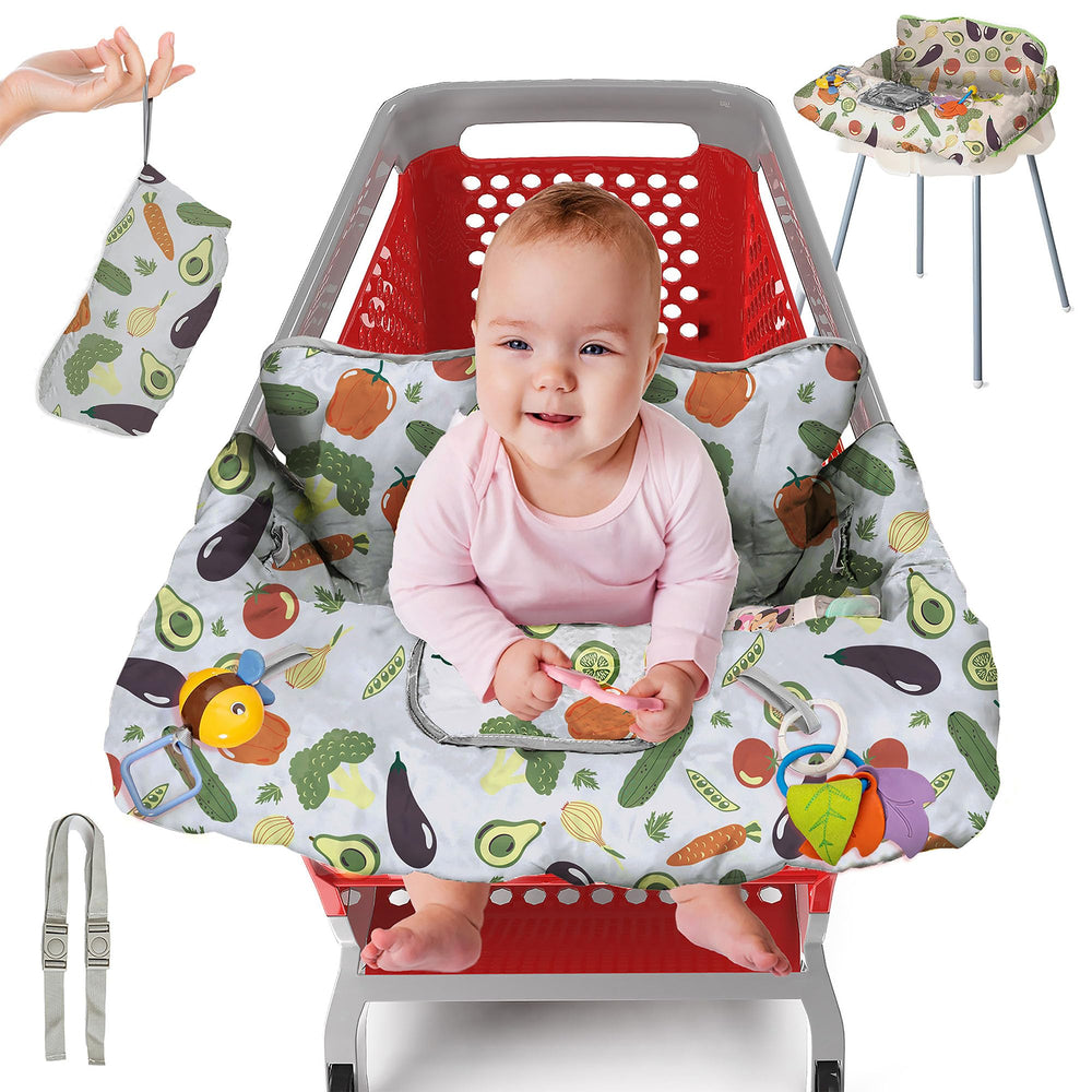 PILLANI shopping cart cover with baby-in-cart keeps surfaces clean for stress-free shopping.