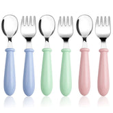 Pimoys 6 piece toddler utensils packshot showing family-friendly design for gentle self-feeding.