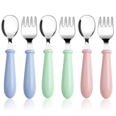 Pimoys 6 piece toddler utensils packshot showing family-friendly design for gentle self-feeding.