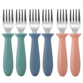 Pimoys 6-pack stainless steel toddler forks shown with dishwasher-safe design for easy cleanup.