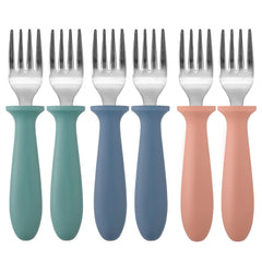 Pimoys 6-pack stainless steel toddler forks shown with dishwasher-safe design for easy cleanup.
