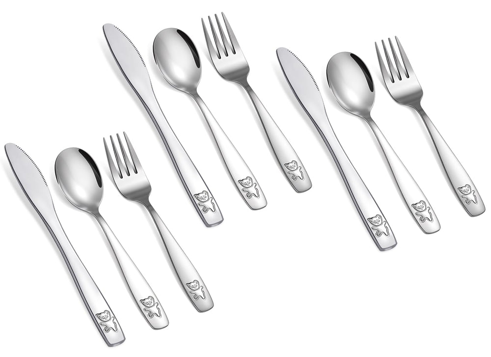 Pimoys 9-piece kids silverware set with dishwasher-safe finish for easy cleanup.