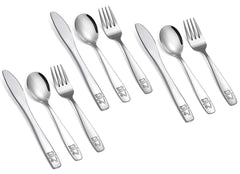Pimoys 9-piece kids silverware set with dishwasher-safe finish for easy cleanup.