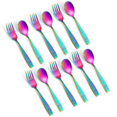 Pimoys rainbow toddler utensils set for safe self-feeding with nickel-free stainless steel.