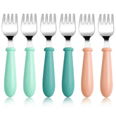 Pimoys toddler forks round-handle closeup for safe self-feeding.