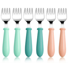 Pimoys toddler forks round-handle closeup for safe self-feeding.