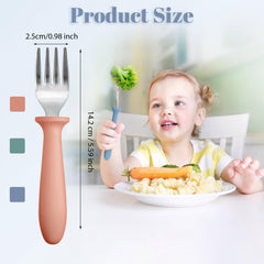 Pimoys toddler forks featuring rounded tines and shield-style safety design.