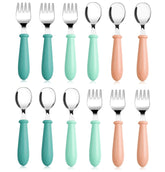 Pimoys 12-piece toddler utensils set with forks and spoons, ideal for self-feeding at home.