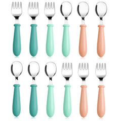 Pimoys 12-piece toddler utensils set with forks and spoons, ideal for self-feeding at home.