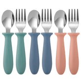 Pimoys 6-piece toddler utensils pack-shot with colorful forks and spoons for easy self-feeding.