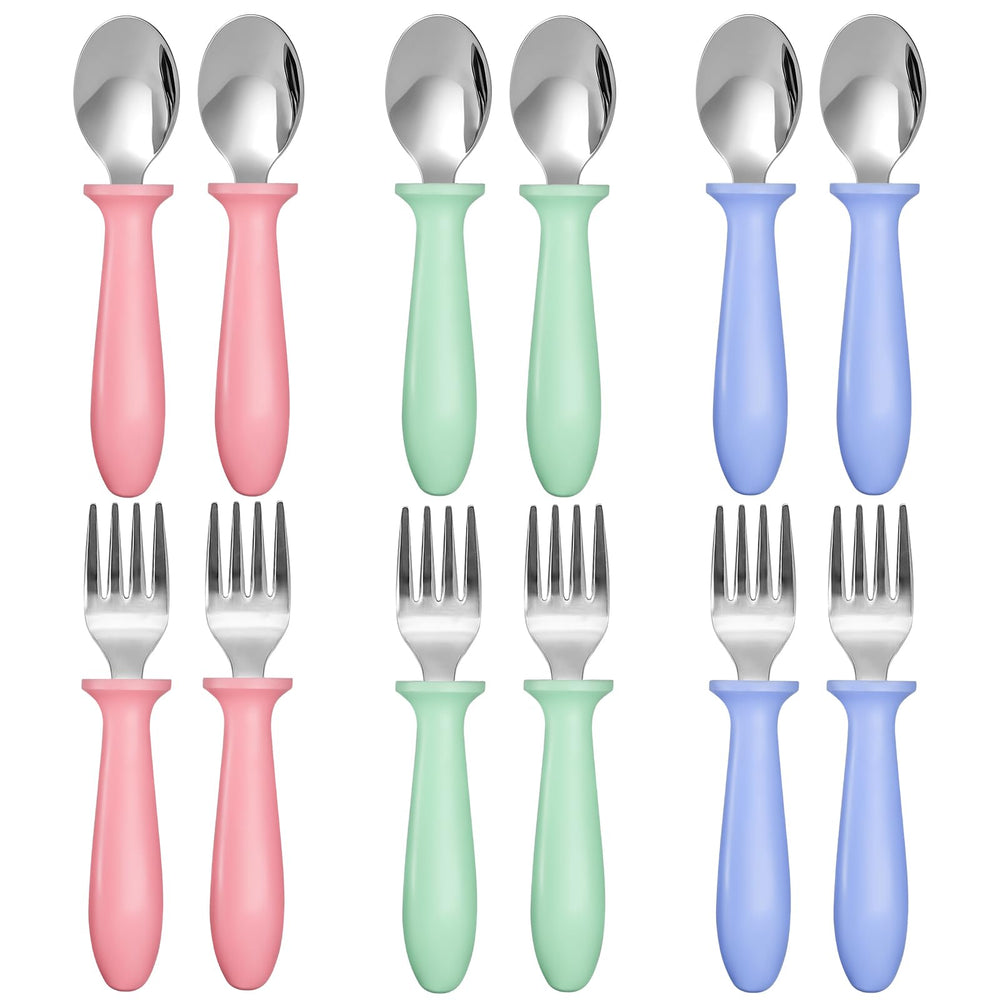 Pimoys toddler utensils set with stainless steel spoons and forks for easy self-feeding.