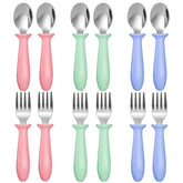 Pimoys toddler utensils set with stainless steel spoons and forks for easy self-feeding.