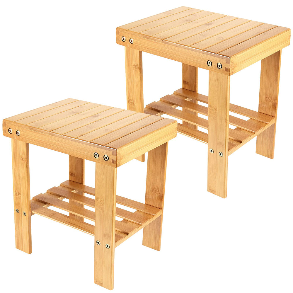 PINGEUI bamboo step stool two-pack, side view showing compact design for easy stair-use and storage