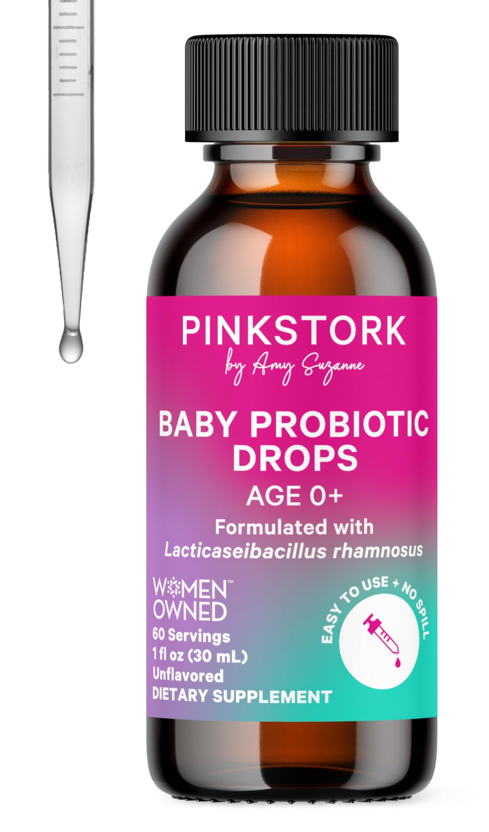 Pink Stork Baby Probiotic Drops bottle shows digestion-supporting probiotic for babies.
