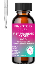 Pink Stork Baby Probiotic Drops bottle shows digestion-supporting probiotic for babies.