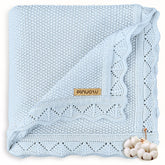Pinuotu knitted baby blanket blue ultra-soft texture for gentle newborn comfort.