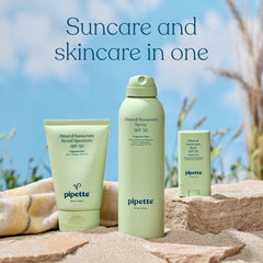 Pipette Sunscreen Spray water-resistance test indicating durable protection during swimming.
