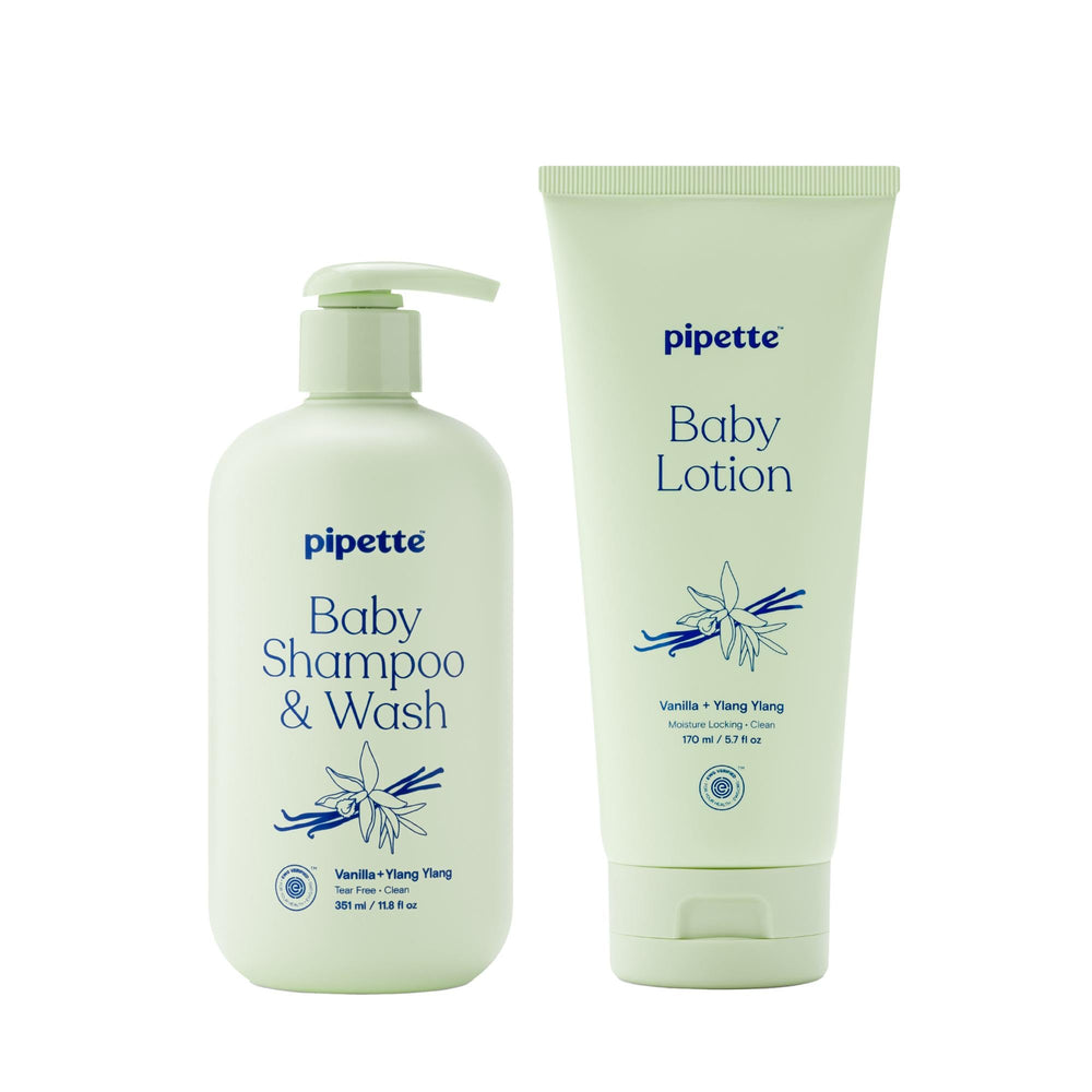 Pipette Vanilla Ylang Ylang baby shampoo bottle shows gentle cleansing for delicate hair