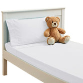 Plain Printed Linen toddler sheet set packaging shows all pieces for quick transition to a new bed.