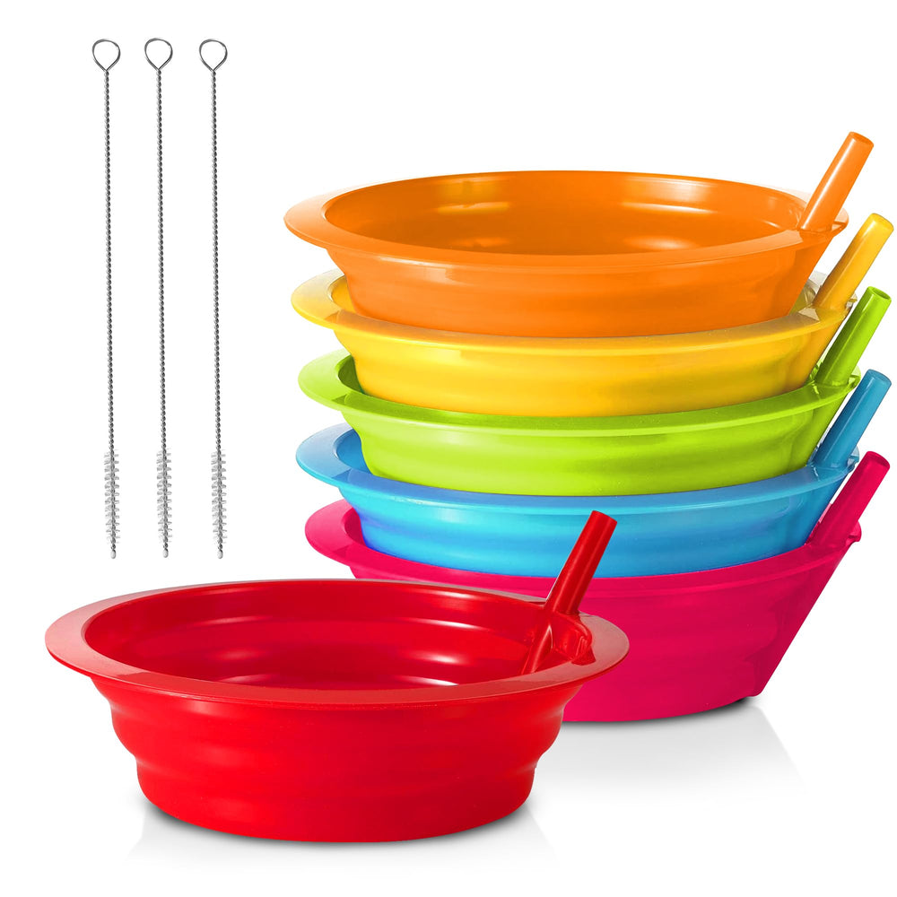 PLASKIDY Kids Cereal Bowls with Built-in Straws for mess-free sipping and easy milk access.