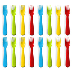 Plaskidy plastic toddler forks set16 in bright colors for kid-friendly meals.