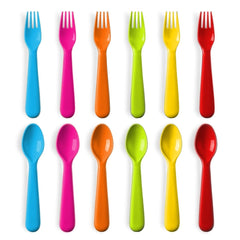 PLASKIDY toddler utensils pack with spoons and forks for easy self-feeding in bright colors.