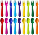 PLASKIDY 18-piece toddler utensils set with spoons and forks in bright colors for self-feeding.