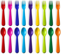 PLASKIDY 18-piece toddler utensils set with spoons and forks in bright colors for self-feeding.