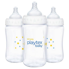Playtex Baby Simply Complete bottle disassembly shows easy-clean three-part design.